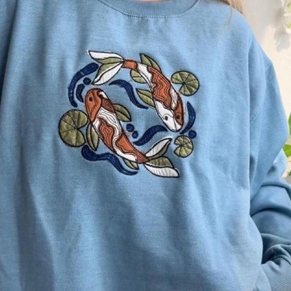 NWT lily pads & koi fish patchwork embroidered blue boxy fit sweatshirt